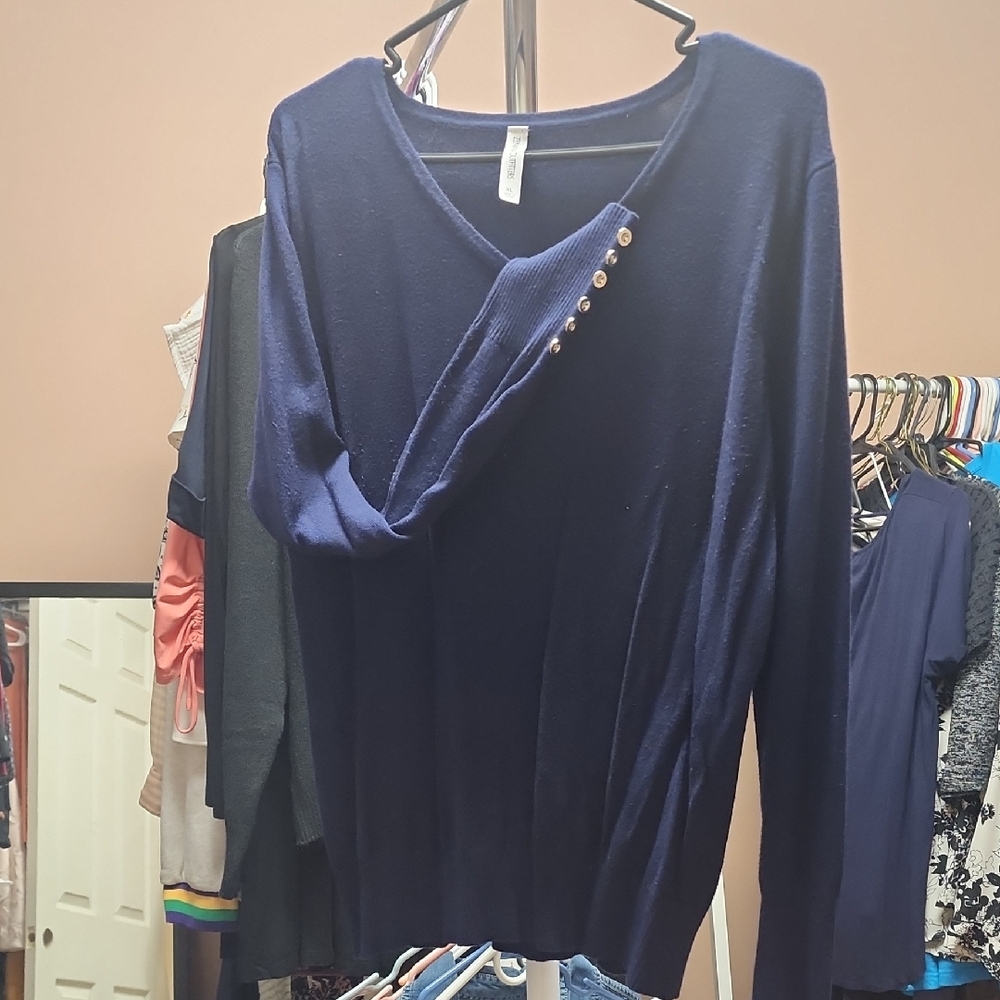 Navy V-Neck Sweater with Button Detail
